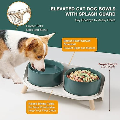 Elevated Ceramic Dog Bowl Set - Double Dog Feeding Bowls with Stand Splash Proof - Raised Dishes for Food and Water - Ideal for Small to Medium Dogs - 2 x 720 ml - 11.3 oz - Green - Image 3