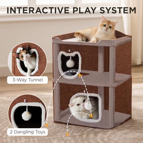 Joydeco Cat House for Indoor Cats, 2 Story Scratch Resistant Felt Cat Condo, Hideaway Pet Cave Bed with Fluffy Ball and Tunnel for Kitten, Small Dogs, Rabbits, 17.7 x 13.3 x 24, Coffee - Image 3