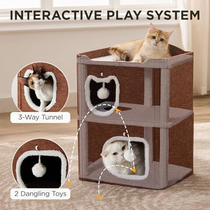 Joydeco Cat House for Indoor Cats, 2 Story Scratch Resistant Felt Cat Condo, Hideaway Pet Cave Bed with Fluffy Ball and Tunnel for Kitten, Small Dogs, Rabbits, 17.7 x 13.3 x 24, Coffee - Image 3