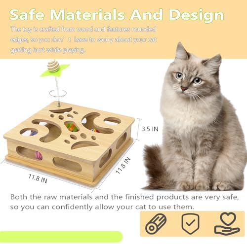 Interactive Wooden Cat Puzzle Toy Box Indoor Hunting Play Toy to Stimulate Your Cat’s Energy and Instincts (Burlywood) - Image 2