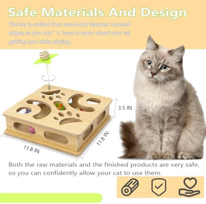 Interactive Wooden Cat Puzzle Toy Box Indoor Hunting Play Toy to Stimulate Your Cat’s Energy and Instincts (Burlywood) - Image 2