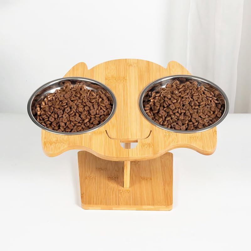 Elevated Cat and Dog Bowl Set – Dual Stainless Steel Bowls with Bamboo Animal-Shaped Stand, Raised Pet Feeder for Medium Dog Small Puppy and Cats to Reduce Neck Strain & Improve Digestion - Image 4