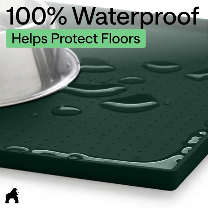 GORILLA GRIP 100% Waterproof Raised Edge BPA Free Silicone Pet Feeding Mat, Dog Cat Food Mats Contain Spills Protects Floors, Placemats for Cats and Dogs Water Bowl, Pets Accessories 28x18 Green