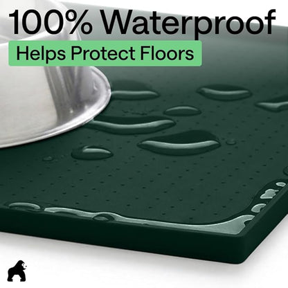 GORILLA GRIP 100% Waterproof Raised Edge BPA Free Silicone Pet Feeding Mat, Dog Cat Food Mats Contain Spills Protects Floors, Placemats for Cats and Dogs Water Bowl, Pets Accessories 28x18 Green