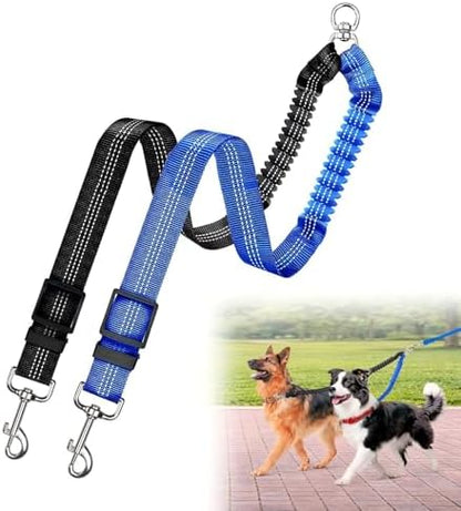 Double Dog Leash for Two Dogs, Professional No Tangle 360° Swivel Coupler with Shock Absorbing Bungee, Adjustable Length Dual-Sided Reflective Two Dogs Lead Splitter for Small Medium Large Dog by Caldzur