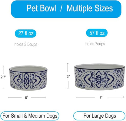 Ceramic Large Dog Bowls, Non Slip Heavy Porcelain Breed Dog Food and Water Bowl,8" Pet Feeding Bowl for Medium, and Big Dogs,Vintage Blue & White -7 Cups