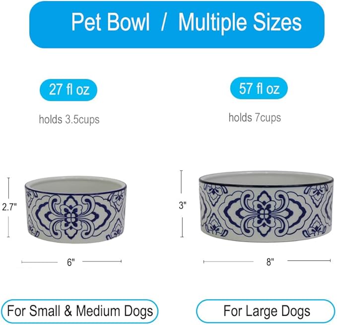 Blue & White Porcelaine Dog Bowls, Non Slip 6" Ceramic Cat Food and Water Bowls, Pets Breed Dogs Dish for Middle and Small Dogs Puppy,Dishwasher & Microwave Safe, 27 OZ or 3.5 Cups