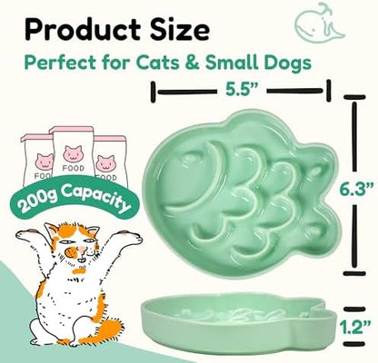 Ceramic Cat Slow Feeder Bowl - Shallow Whisker Friendly Cat Plate for Dry and Wet Food - Puzzle Feeder for Slow Eating - Helps Reduce Vomiting - Microwave & Dishwasher Safe -Non Slip(Green,6.3''W) - Image 2