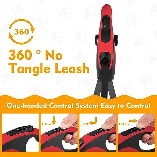 26 Ft Retractable Dog Leash with Chew Proof Cable - Red - Image 6