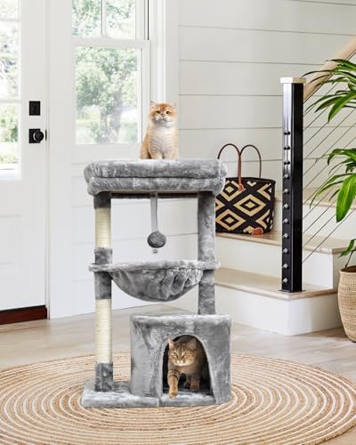 SYANDLVY Small Cat Tree for Indoor Cats, Activity Cat Tower with Scratching Post for Kittens, Modern Cat Furniture with Basket & Hanging Ball for Play Rest, Grey - Image 6