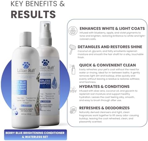 Lillian Ruff PRO Formula Blueberry Waterless Dog Shampoo & Berry Blue Brightening Conditioner - No-Rinse Odor Eliminator & Hydrating Whitening Conditioner Detangles, Restores Skin, Softness & Shine - Image 3