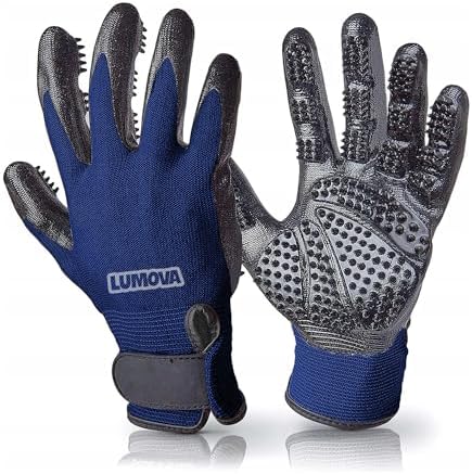 Dog Grooming Gloves – Shedding Gloves for Dogs, Cats & Horses – Pet Grooming Glove & Hair Remover – Dog Brush Glove for Bathing, Deshedding & Massage Mitt– Adjustable Fit (Blue&Black) by Lumova