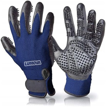 Dog Grooming Gloves – Shedding Gloves for Dogs, Cats & Horses – Pet Grooming Glove & Hair Remover – Dog Brush Glove for Bathing, Deshedding & Massage Mitt– Adjustable Fit (Blue&Black) by Lumova