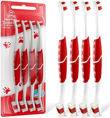 Pet Toothbrush for Dogs, Cats with Soft Bristles - Easy Teeth Cleaning & Dental Care, Non Slip Dual Head Dog Toothbrush for Medium & Large Pets, Toothpaste Not Included, Pack of 4 Red by PetsPupps