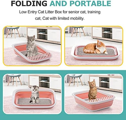 Open Top Cat Litter Box, Large Foldable Cat Potty Height-Adjustable Sides Anti-Splash, Open Air Kitty Litter Pan No Smell, Cat Toilet Easy Clean with Cat Litter Scoop (Pink) - Image 2