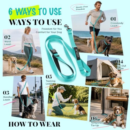 Hands Free Dog Leash, 5.9-8.2ft Multifunctional Crossbody Rope with Explosion-Proof Handle and Adjustable Training Hands Free Leash for Medium Dog Walking Running Hiking Travel Teal - Image 6