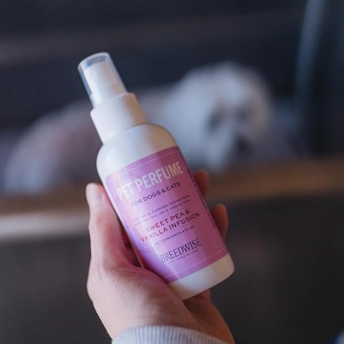 Breedwise Dog Perfume Spray - Sweet Pea & Vanilla Long Lasting Dog Cologne for Odor Neutralizing - Gentle Puppy Deodorizer & Grooming Mist for All Breeds - Made in USA (4 Oz)