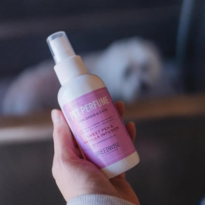 Breedwise Dog Perfume Spray - Sweet Pea & Vanilla Long Lasting Dog Cologne for Odor Neutralizing - Gentle Puppy Deodorizer & Grooming Mist for All Breeds - Made in USA (4 Oz)