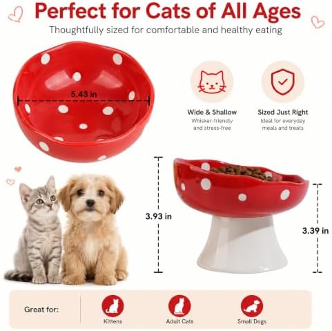 Red Mushroom Cat Bowl, Elevated Ceramic Bowl for Cats - Image 3