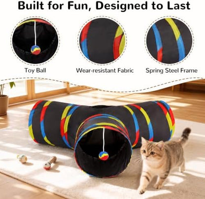 Tempcore Cat Tunnel, 3-Way Collapsible Toy for Indoor Cats, Black & Rainbow - Image 5