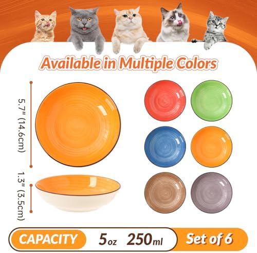 Colorful Ceramic Cat Bowls Set, 6 Pack Whisker-Friendly Cat Dishes for Food and Water, 5.7" Wide and Shallow Plates for Dry Wet Food, Ideal for Multi-Pet Homes, Microwave & Dishwasher Safe - Image 2