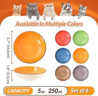 Colorful Ceramic Cat Bowls Set, 6 Pack Whisker-Friendly Cat Dishes for Food and Water, 5.7" Wide and Shallow Plates for Dry Wet Food, Ideal for Multi-Pet Homes, Microwave & Dishwasher Safe - Image 2