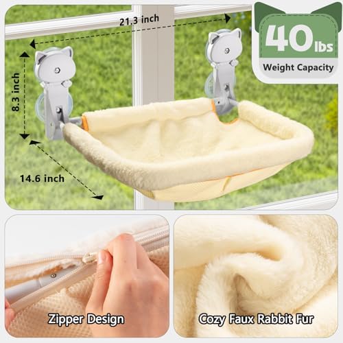 JUNSPOW Cat Window Perch Cordless, Foldable & Stable Cat Beds- Breathable Cat Window Hammock for Overlooking, Sunbathing and Climbing - Maximum Hold Up to 40lb(Cream) - Image 5