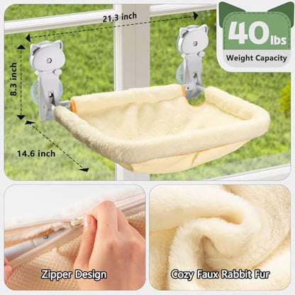 JUNSPOW Cat Window Perch Cordless, Foldable & Stable Cat Beds- Breathable Cat Window Hammock for Overlooking, Sunbathing and Climbing - Maximum Hold Up to 40lb(Cream) - Image 5