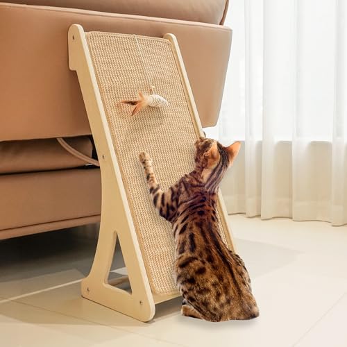 PETKARAY Cat Scratcher, Sisal Cat Scratching Ramp, L Shape Scratch Pad for Indoor Kitty, 27" Wall Furniture Protector with Mouse Toy by PETKARAY