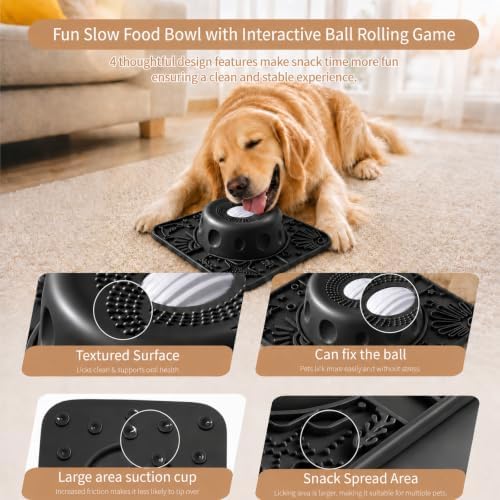 Dog Licking Slow Feeder Bowl with Rolling Ball Anti-Gulping, 2 in 1 Dog Non-Slip Lick Mat, Edible Silicone for Wet Food, Yogurt, Bone Broth, Nutrient Solution Black - Image 2