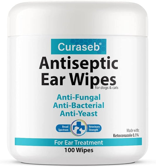 Curaseb Cat & Dog Ear Infection Treatment Wipes – Soothes Itchy & Inflamed Ears – Cleans Debris and Buildup – 100 Count
