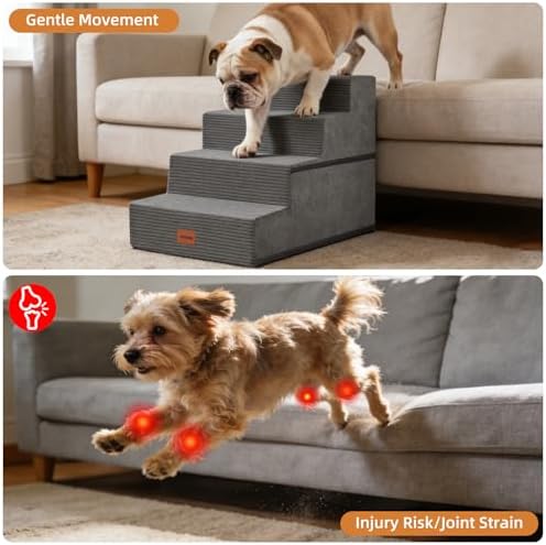 Dog Stairs for Small Dogs, 18" H, 4-Step Pet Steps for Bed Couch Sofa and Chair, Non-Slip Balanced Pet Ramp for Injured & Senior Pets with Washable Cover and Durable High Density Foam, Grey - Image 4