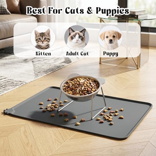 Elevated Cat Bowl with Food Mat - 15°Tilted Stand Raised Cat Bowl, Stainless Steel Whisker Friendly Anti Vomiting Food Water Dishes, Silicone Feeding Mat for Cats Puppy Kitten Small Dog - Image 5