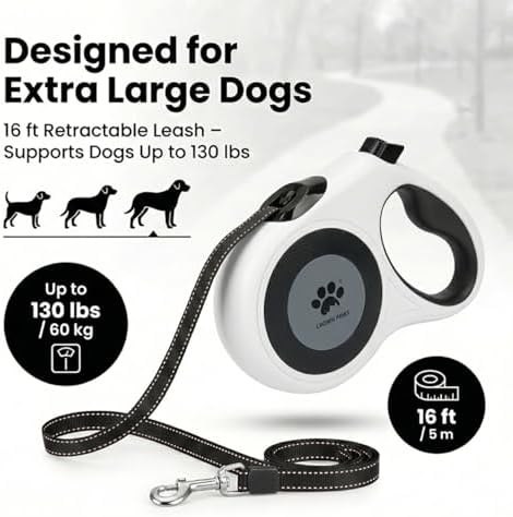 16 ft Retractable Dog Leash for Extra Large Dogs up to 130 lbs,Tangle-Free Nylon Tape,White Dan24 XL - Image 3