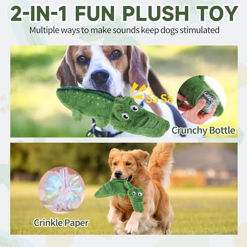 Mihachi No Stuffing Crinkle Dog Toys, 2-in-1 Holds Water Bottles - Cruncher with Puncture Resistant Squeaker, Dog Squeak Toys Plush Dogs Chew Toy for Puppy Small Medium Large Breed Chewer, Crocodile - Image 4