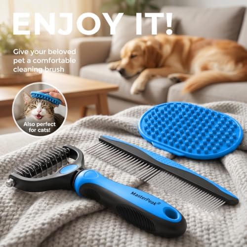 3-in-1 Pet Grooming Kit Rake Metal Comb & Bath Brush Blue - Image 7