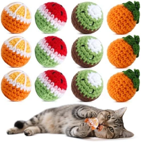 12 Pack Cat Toy Balls, Hand-Knitted Woolen Yarn Cat Balls Toy with Bell Inside, Interactive Kitty Toys for Indoor Kitten Teething, Chasing & Self Play(Fruit-Shaped) by Cipsken