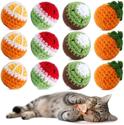 12 Pack Cat Toy Balls, Hand-Knitted Woolen Yarn Cat Balls Toy with Bell Inside, Interactive Kitty Toys for Indoor Kitten Teething, Chasing & Self Play(Fruit-Shaped) by Cipsken