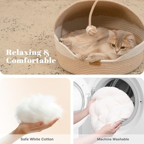 CHEERPALS Cat Basket Bed with Washable Cushion and Ball Rope Cotton, Covered Pet Bed for Indoor Cats Cave Bed Hooded, Stimulicat Cat Bed Handwoven Breathable, All Season Universal(White) - Image 4