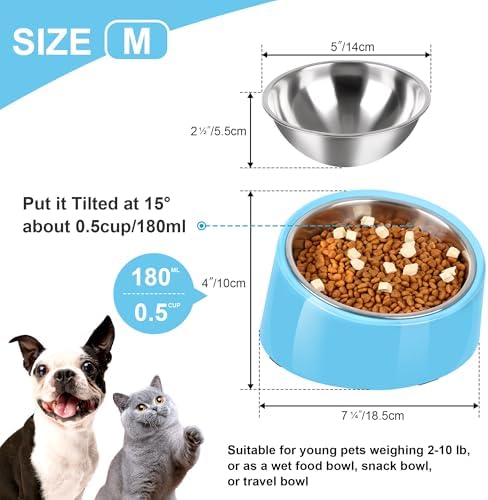Tilted Dog Bowl Non-Slip & Non-Spill Pet Feeder with Elevated Detachable Melamine Stand, Easy to Get Food Dog Dish, M/180ml Sky Blue - Image 2