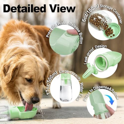 Green Large Portable Dog Water Bottle(17oz) with Food Container - Image 3