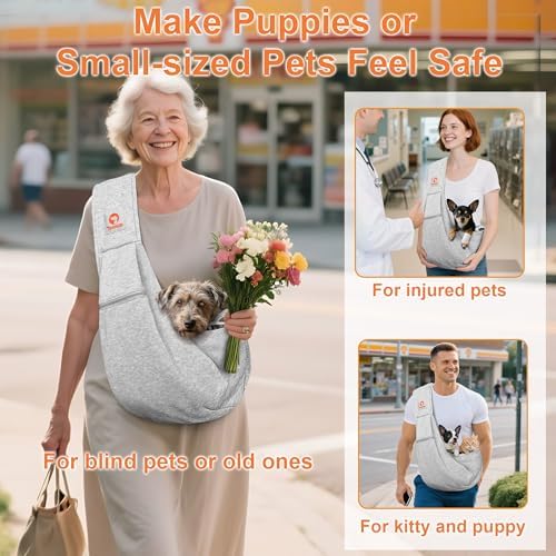 Tomkas Small Dog Cat Sling Carrier Puppy Purse Travel Wrap Soft Crossbody Pet Bag (Grey, M - Zip Pocket & Classic Strap) - Image 3