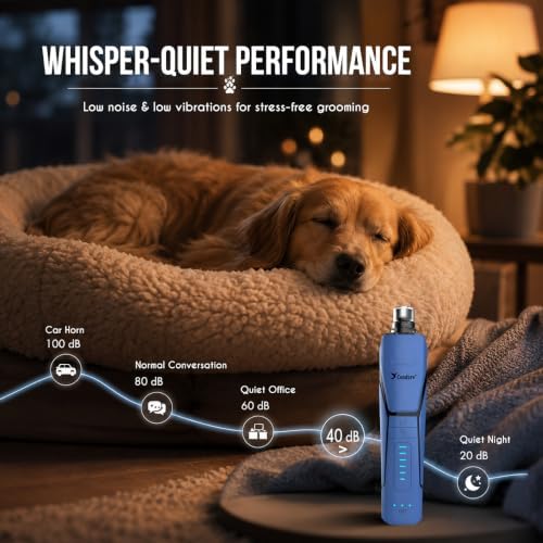 Candure Whisper Quiet Dog Nail Grinder with 360 Degree LED Light, 6-Speed Rechargeable Pet Nail Trimmers with Extra Grinding Head for Safe, Stress-Free Grooming for All Pet Sizes (Dark Blue) - Image 3