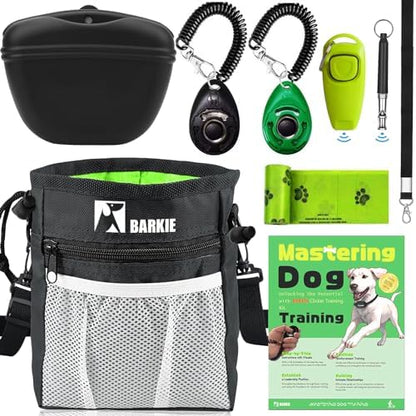 BARKIE Dog Training Kit - Treat Pouch, Pet Training Fanny Pack, 2 Puppy Training Clickers, Ultrasonic Silent Whistle, 2-in-1 Whistle Clicker, Clicker Training Guide Booklet, Dog Poop Bag (Black) by BarkieHouse