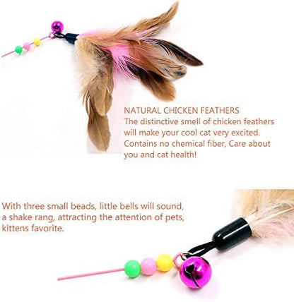 Sanpink Cat Feather Toy, Cat Toys Wand, Bundle of 5 Pack Interactive Pet Cat Kitten Chaser Teaser Wire Wand with Bell Beads for Cat Exercise Play Fun Gifts - Wholesale - Image 2