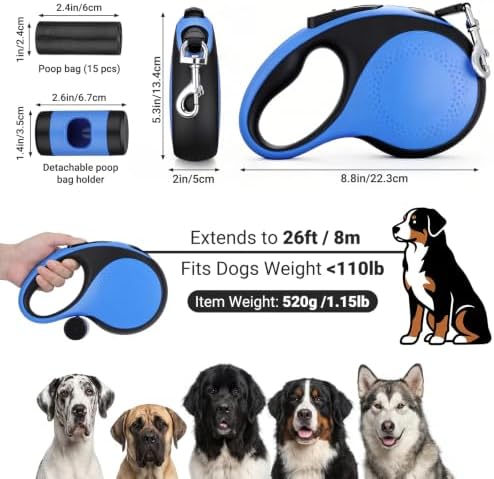 Segarty 26 Ft Retractable Lead for Dogs Weighing 66 lbs - 110 lbs, 8m Heavy-Duty Dog Leash with Poop Bag Holder, Extra Long Lead with Anti-Slip Handle One-Handed Brake Pause Lock for Medium Large Pet - Image 2