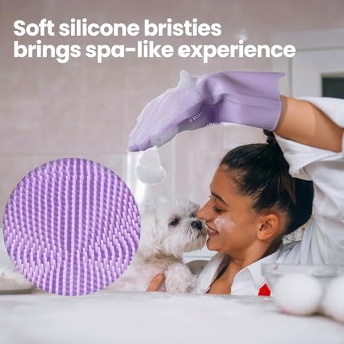 Silicone Pet Grooming Gloves Dog Washing Gloves for Bathing, 1 Pair Purple - Image 4