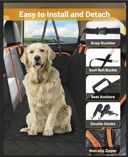 Dog Car Seat Cover, 600D Heavy Dute Car Seat Cover for Dogs Pets, 100% Waterproof Anti-Scratch Nonslip Dog Hammock for Cars, Seat Covers Protector with SeatBelt for Sedan SUV Truck Standard Oran&Black - Image 2