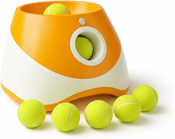 Dog Ball Thrower – Automatic Interactive Pet Tennis Ball Launcher with 6 Balls, USB Charging & Multiple Distance Settings Indoor & Outdoor Training & Play Toy for Small & Medium Dogs (Yellow)