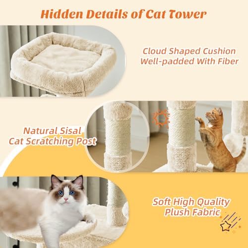 DUMOS Small 44 Inch Cat Tree Tower with Natural Sisal Scratching Posts - Image 4